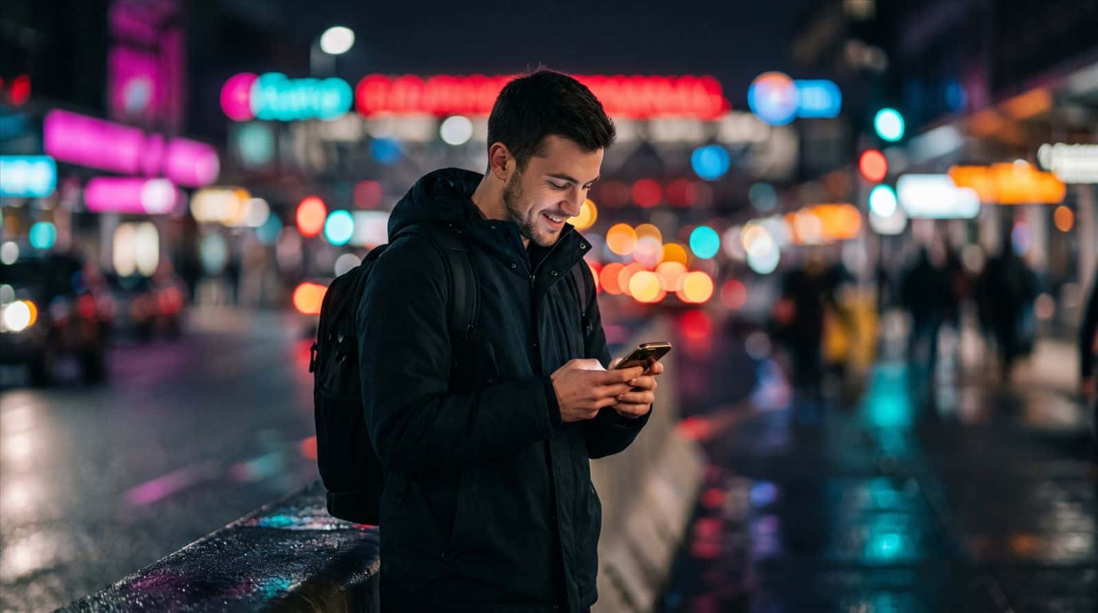 Traveler with a backpack checking a phone on a neon-lit city street at night
