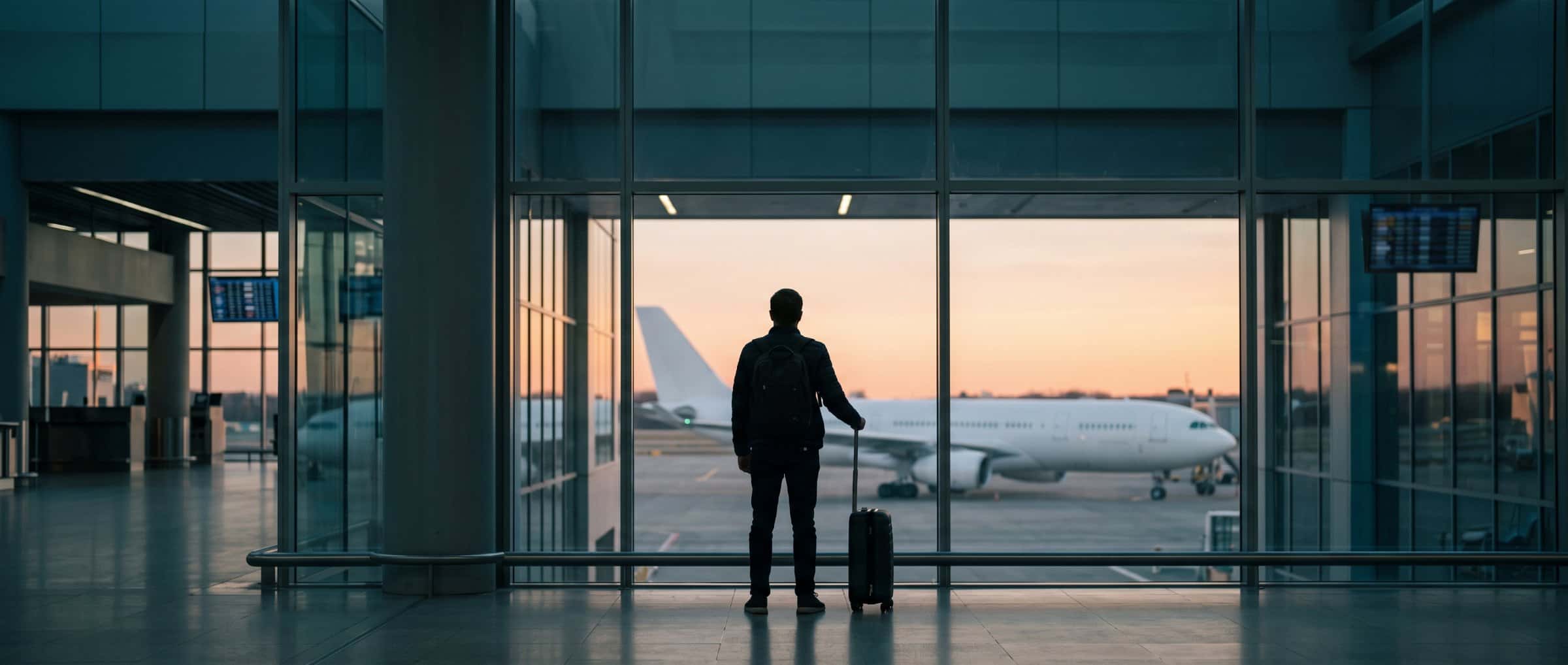 Viajero con maleta mirando un avión en la puerta de embarque al atardecer