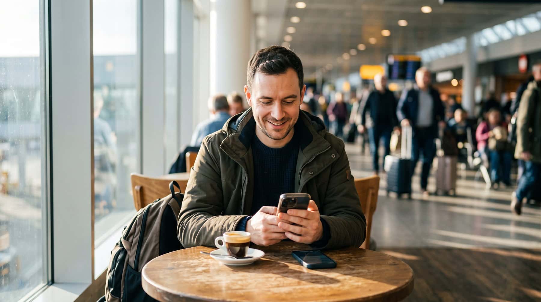 Traveler smiling at a phone over coffee in a busy airport terminal