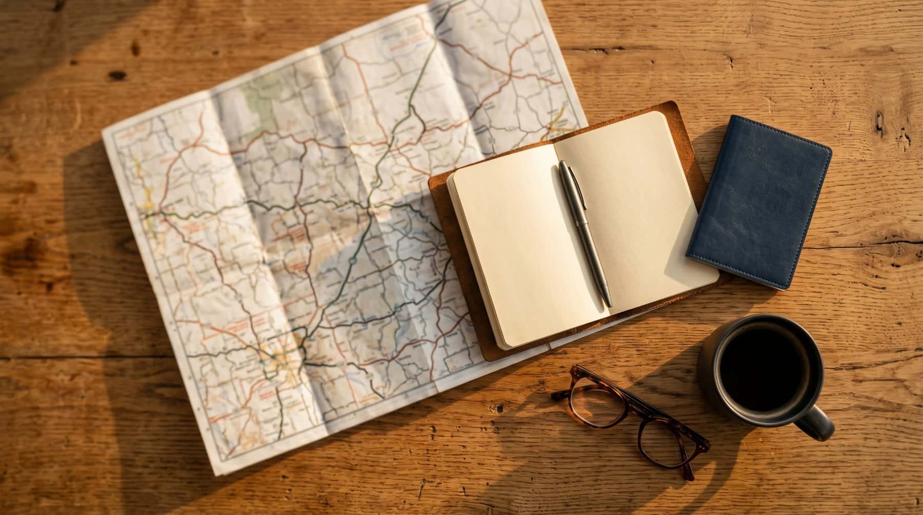 Paper road map, open notebook, passport, glasses, and coffee on a wooden table