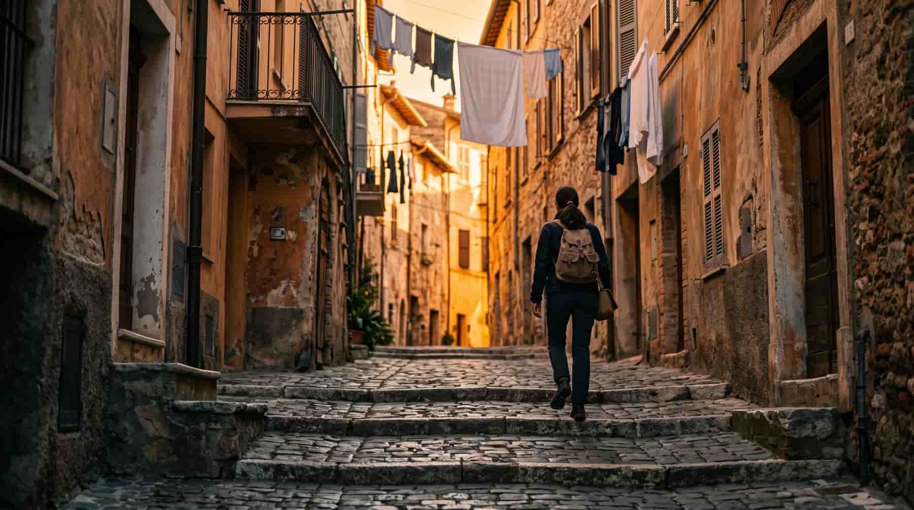 Traveler climbing a cobbled lane between old stone houses with laundry overhead at sunset
