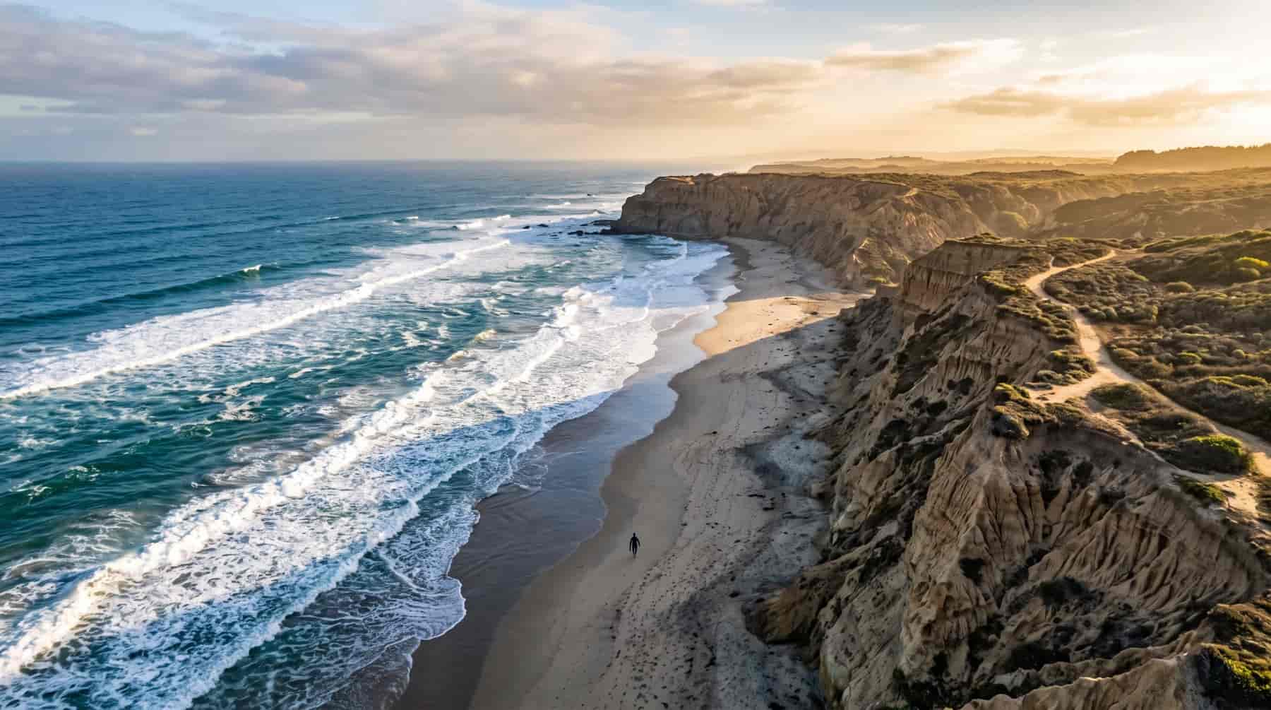 Aerial view of surf breaking on a long sandy beach below coastal cliffs