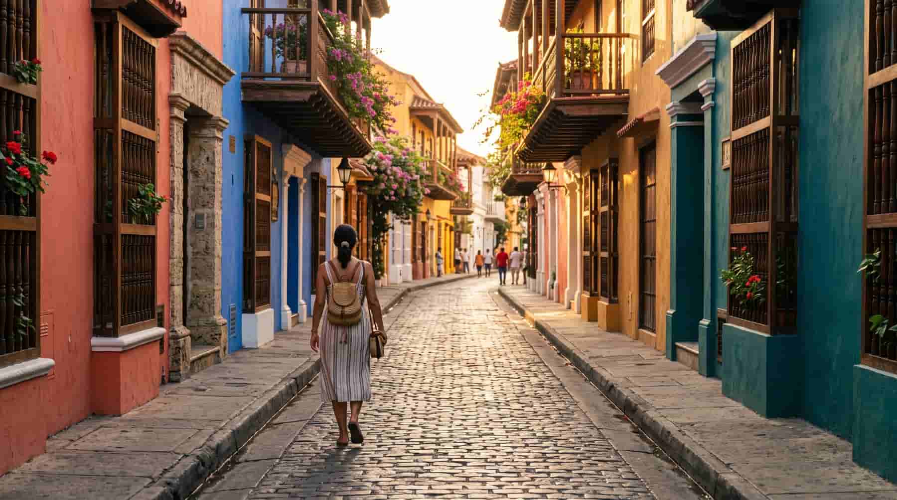 Traveler walking a cobbled street of colourful colonial houses with flower balconies